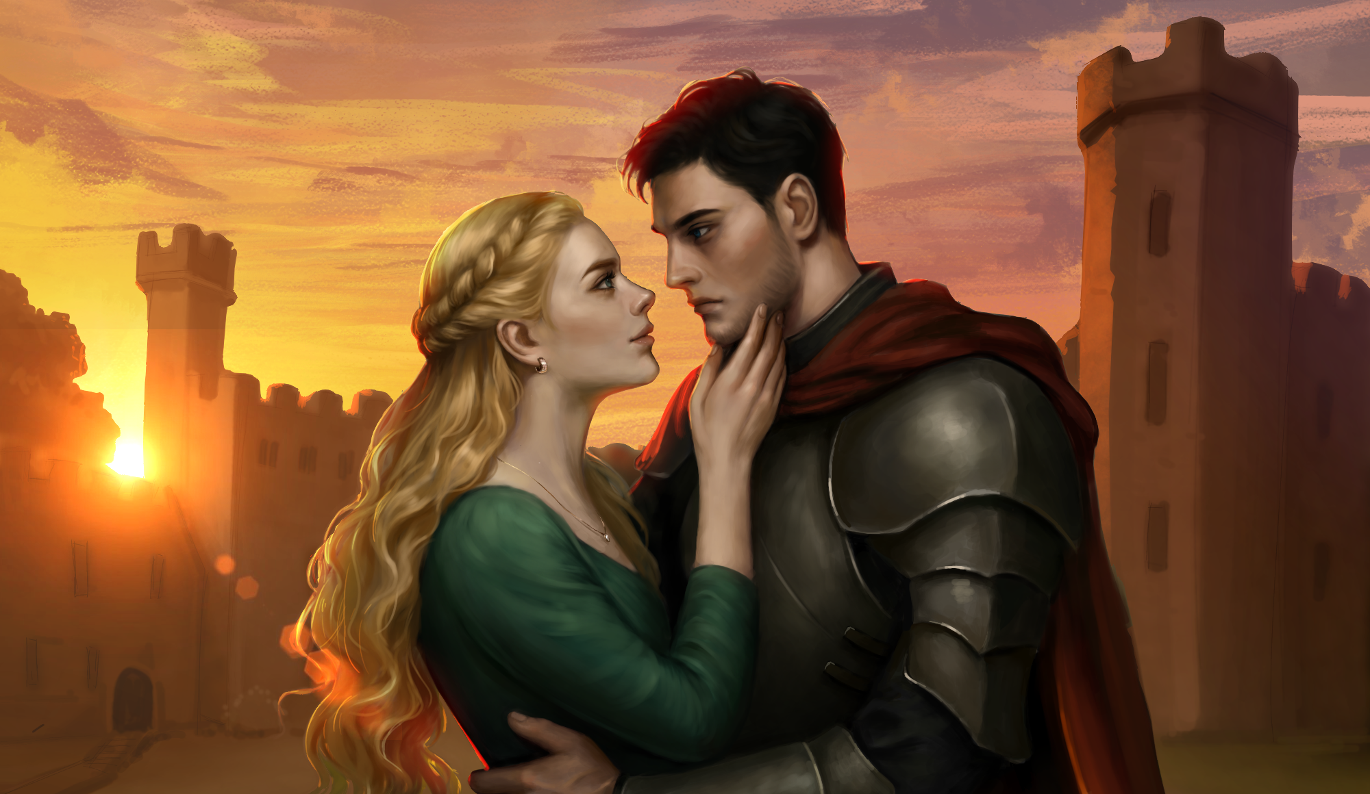 A knight and a lady at a castle at sunset